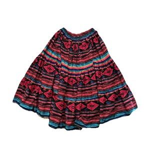 Vintage Boho Maxi Medium Skirt Bohemian Crinkle Gypsy Hippie Aztec Drawstring